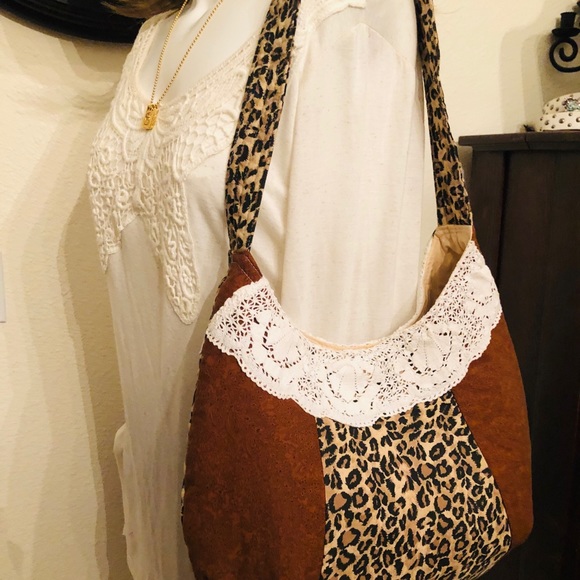 LEOPARD PRINT PURSE SHOULDER BAG TOTE  with LACE - Picture 8 of 15